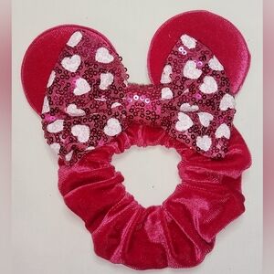 Mouse Ears Velvet Scrunchie Hot Pink With Shiny Sequin Bow With White Hearts